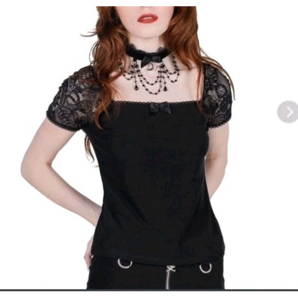 Killstar Octovia Top Black Womens Medium Lace Bow Gothic Whimsigoth Witchy Mesh
